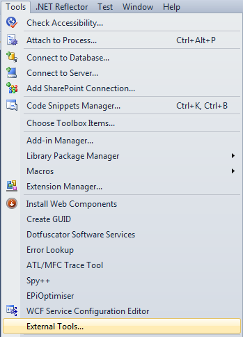 Visual Studio external tools menu