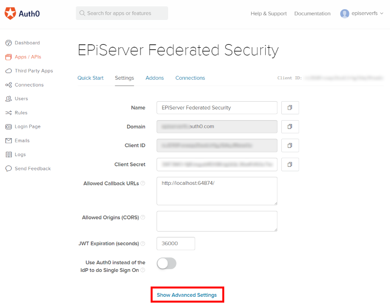 Auth0 - Advanced settings