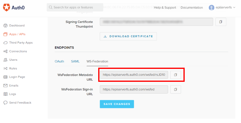 Auth0 - WS-FED settings section