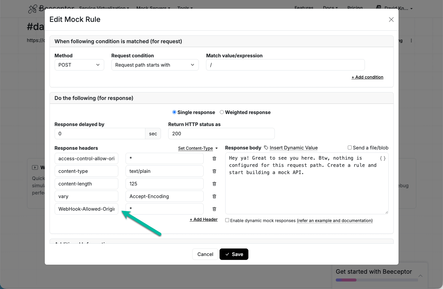 Beeceptor mocking rule configured to match the OPTIONS method and return WebHook-Allowed-Origin as a response header